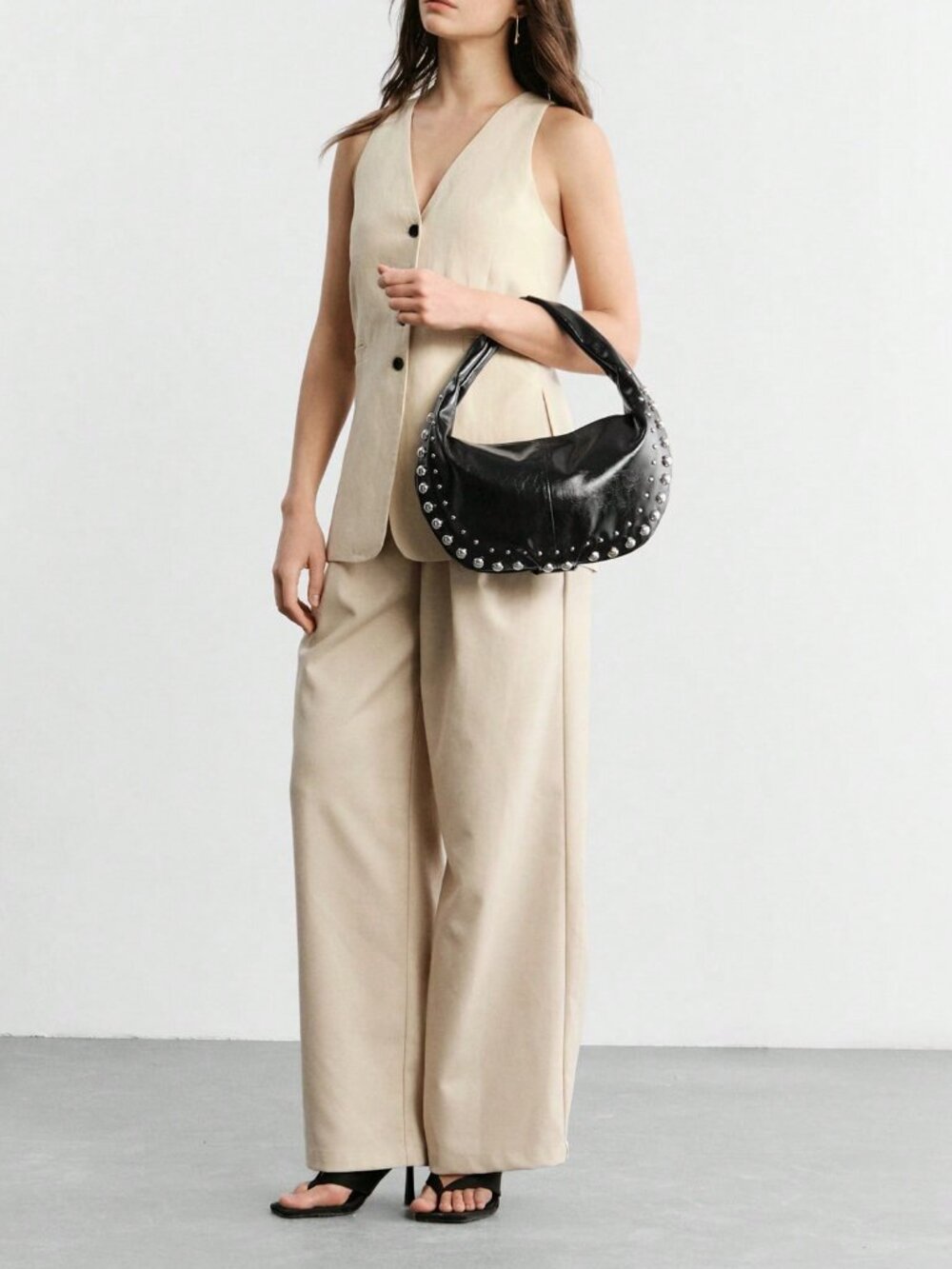 Black faux leather Casual Women's Studded Shoulder Bag - Picture 9 of 9